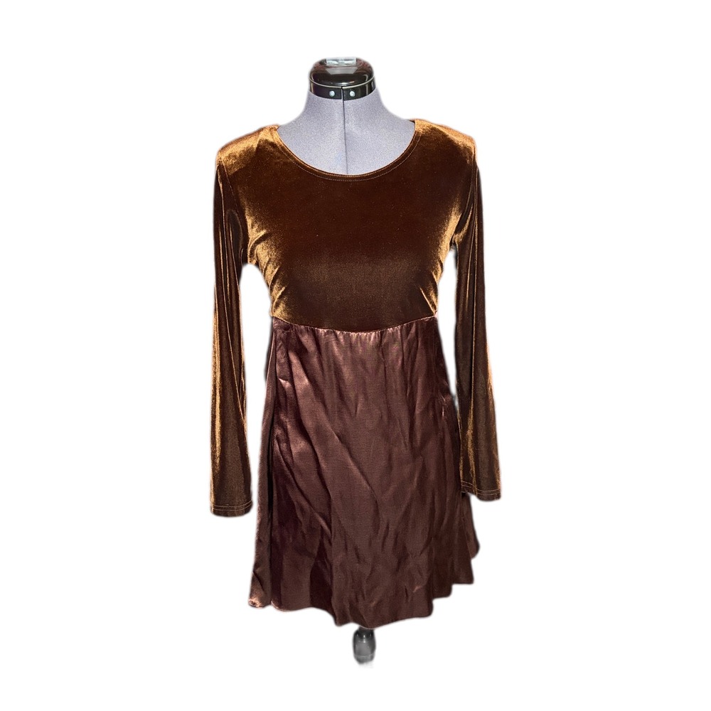 Vintage 90s Velvet Satin Empire Waist‎ Mini Dress Brown Pretty Good 34B 30W S